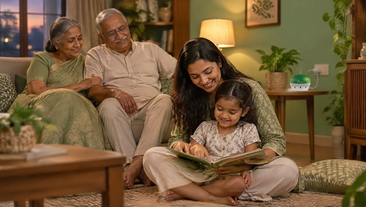 Three generations of an Indian family in a calm green living room, with a Mosquito Furr vaporizer plugged in on the side table