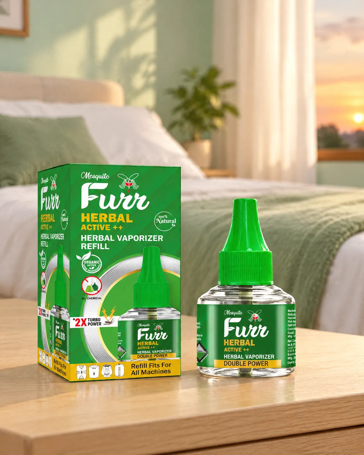 Mosquito Furr Herbal Active++ liquid vaporizer refill box and bottle on a bedside table in a calm green bedroom at dusk