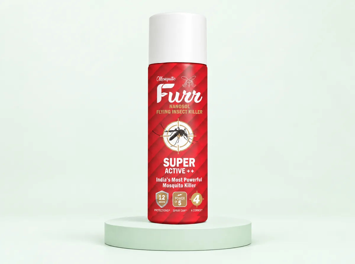 Mosquito Furr Nanosol Flying Insect Killer Super Active++ spray can on a pale green podium