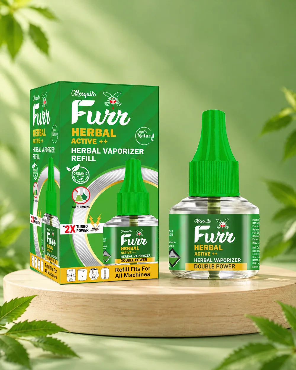 Mosquito Furr Herbal Active++ liquid vaporizer refill on a wooden plinth with green neem leaves