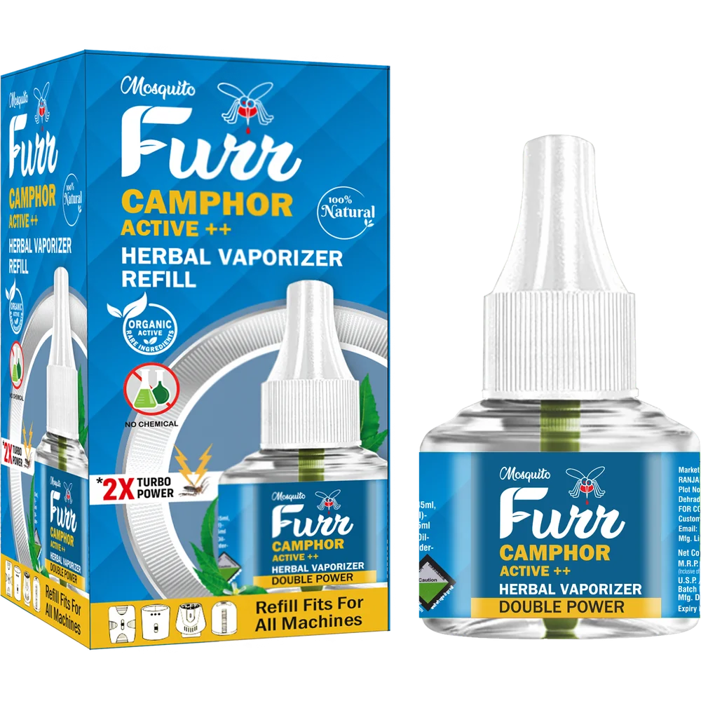 Mosquito Furr Camphor Active++ liquid vaporizer refill, 45ML, box and bottle