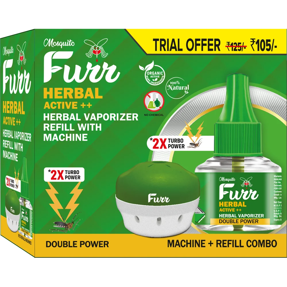 Mosquito Furr Herbal Active++ liquid vaporizer machine and 45ML refill combo box