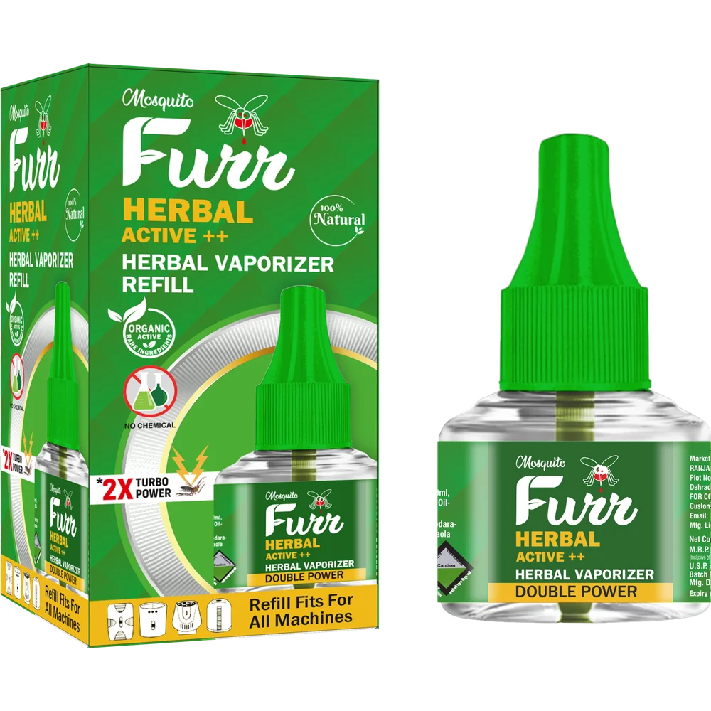Mosquito Furr Herbal Active++ liquid vaporizer refill, 45ML, box and bottle