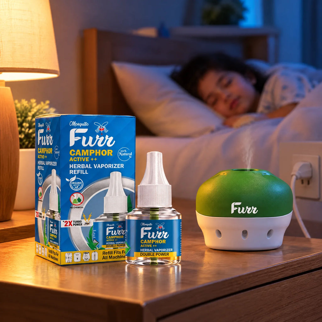 Mosquito Furr Camphor Active++ refill and vaporizer machine on a bedside table while a child sleeps
