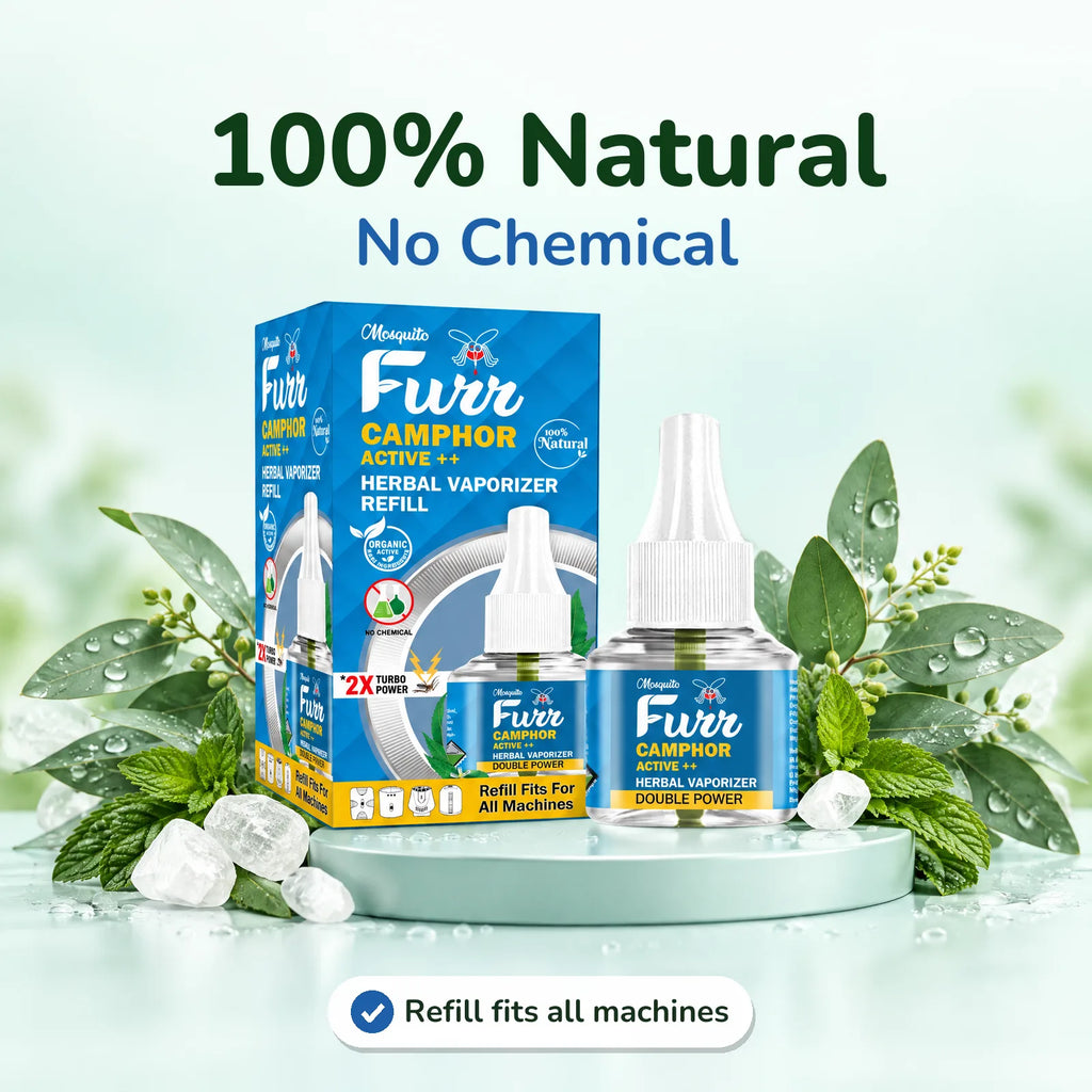 Mosquito Furr Camphor Active++ refill on a podium with eucalyptus leaves, 100% Natural, No Chemical