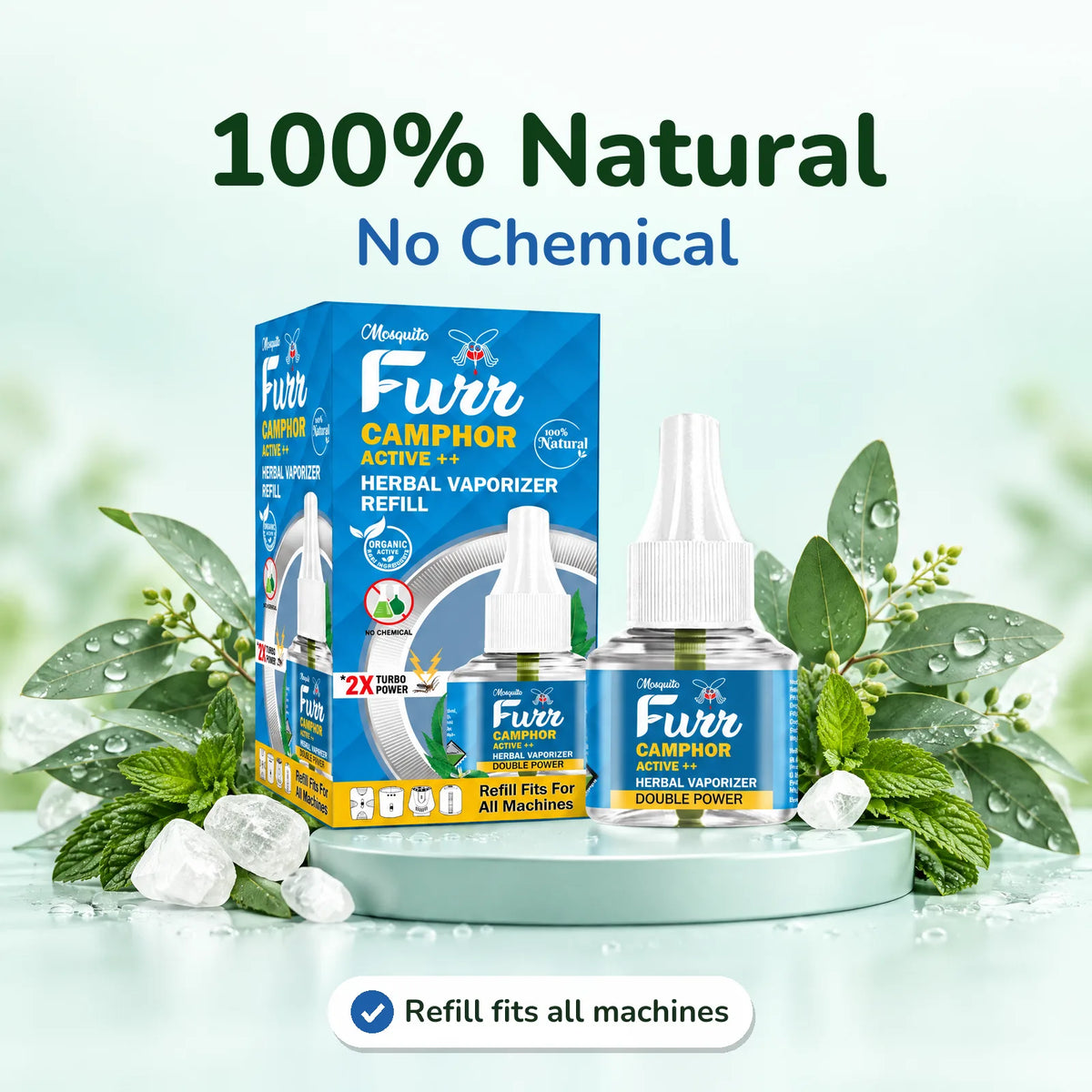 Mosquito Furr Camphor Active++ refill on a podium with eucalyptus leaves, 100% Natural, No Chemical
