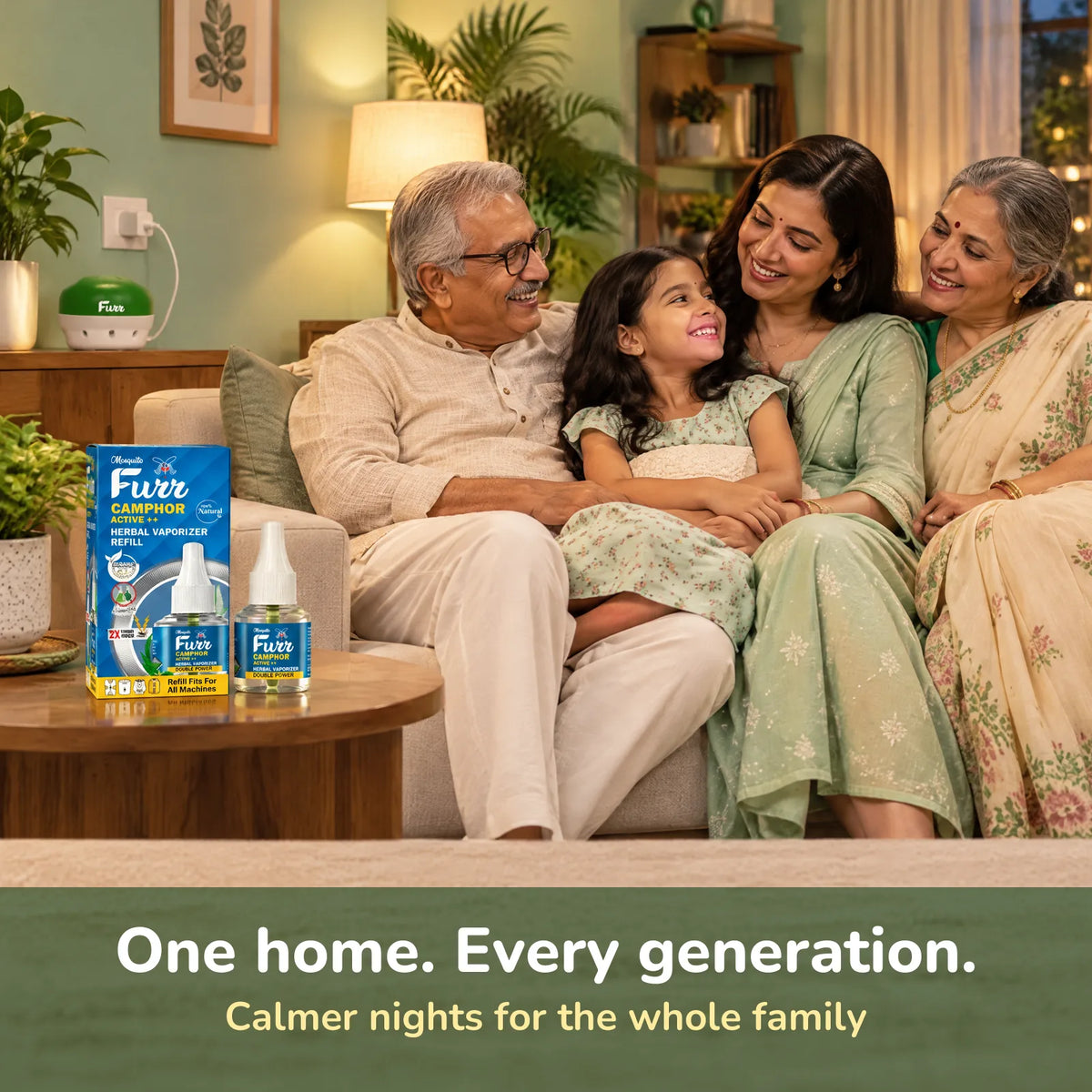 Three generations of an Indian family on a sofa with a Mosquito Furr vaporizer plugged in behind them