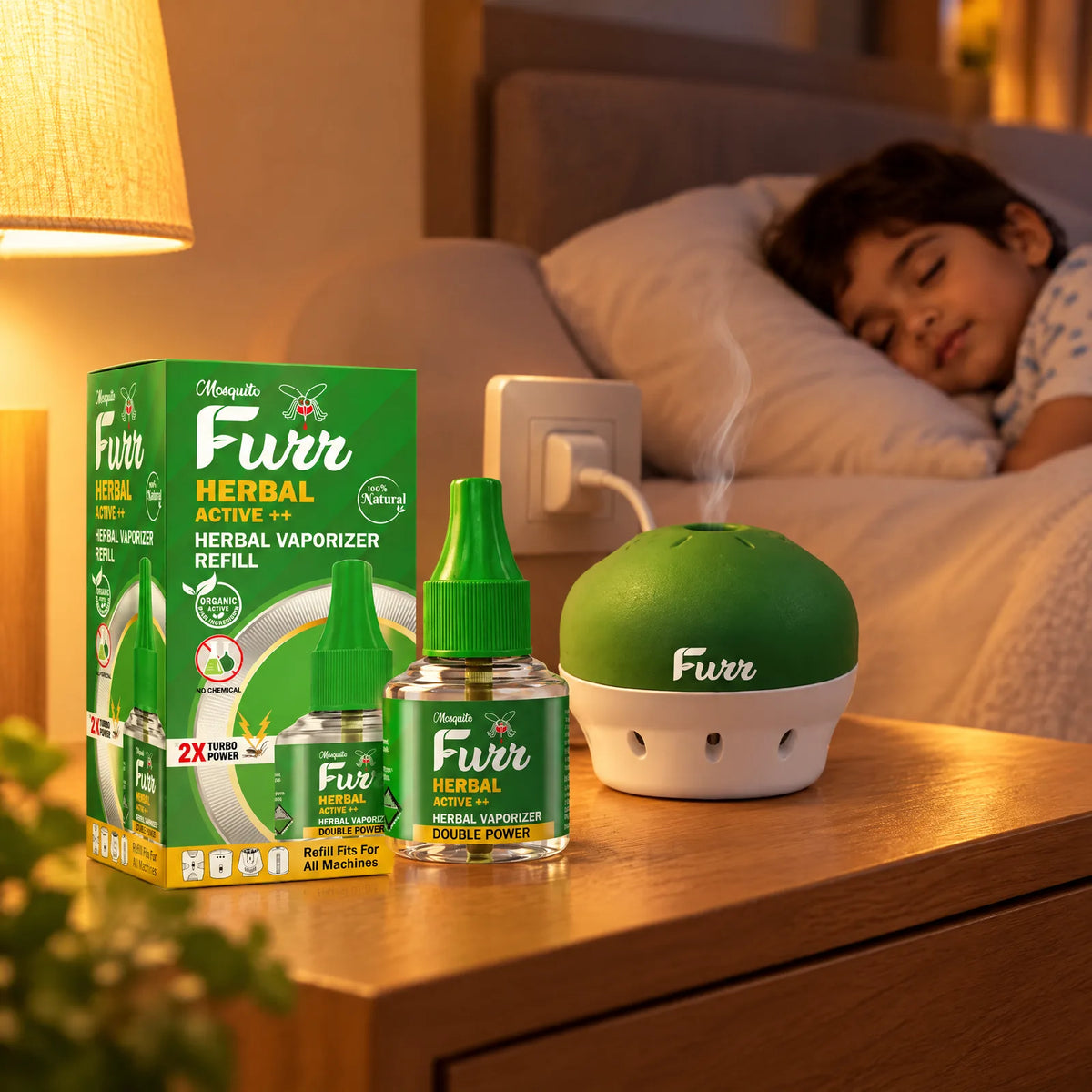 Mosquito Furr Herbal Active++ refill and vaporizer machine on a bedside table while a child sleeps