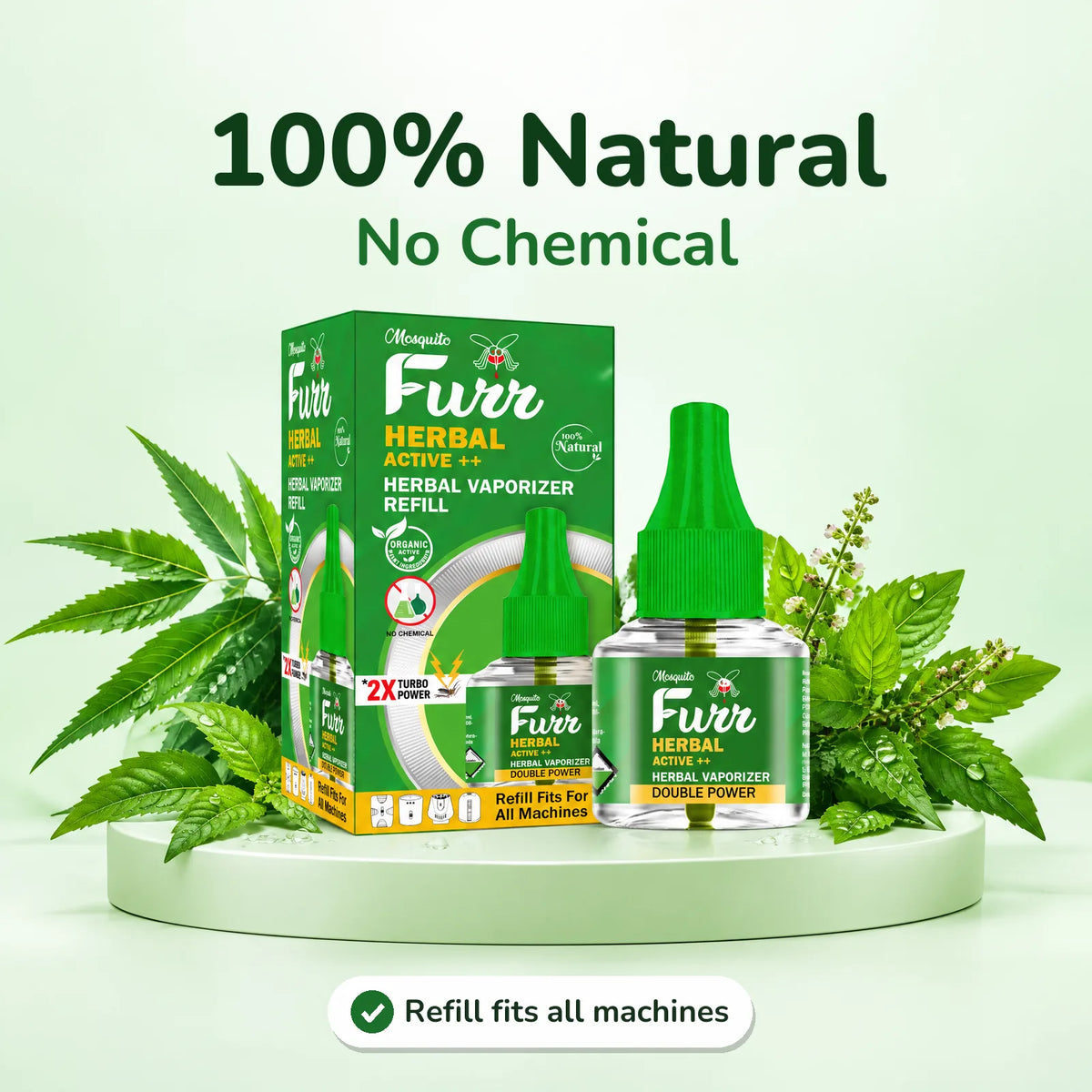 Mosquito Furr Herbal Active++ refill on a podium with fresh green herb leaves, 100% Natural, No Chemical