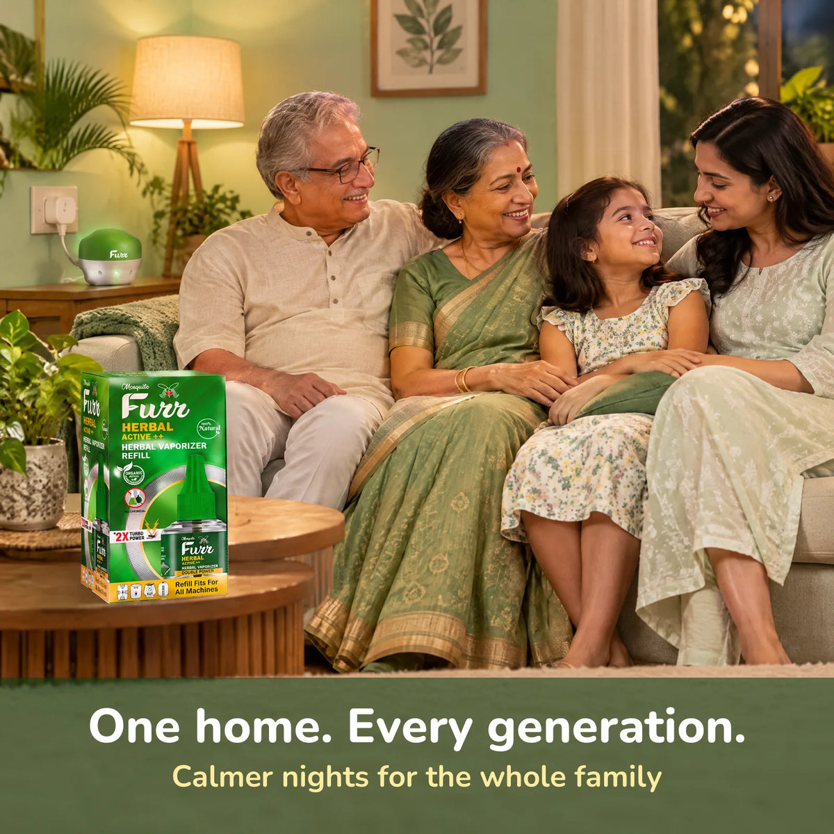 Three generations of an Indian family on a sofa with a Mosquito Furr vaporizer plugged in behind them