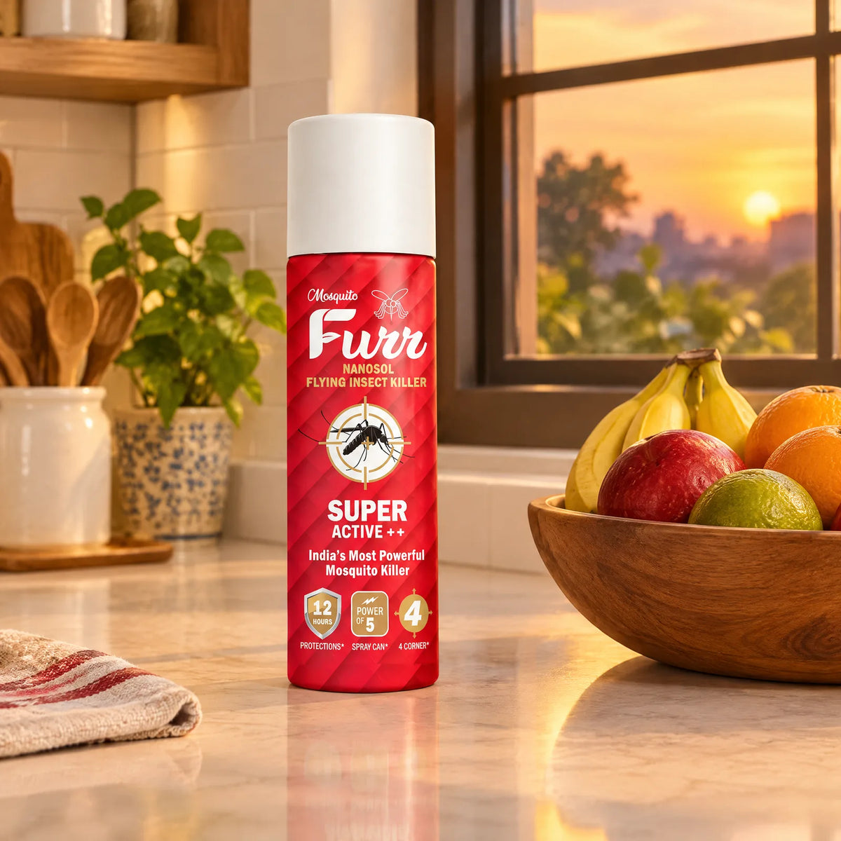 Mosquito Furr Nanosol Flying Insect Killer on a kitchen counter at sunset