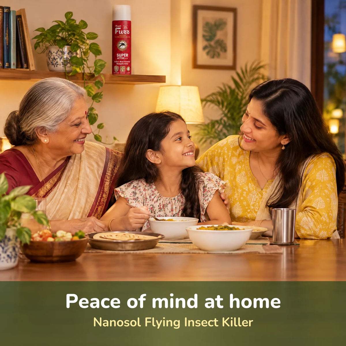 An Indian family having dinner at home with a Mosquito Furr Nanosol can on the shelf behind