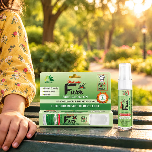 Mosquito Furr Fabric Roll On 9ml carton and bottle on a park bench at sunset