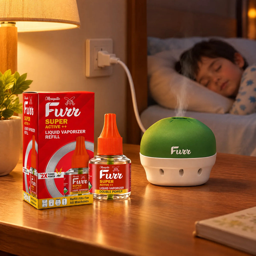 Mosquito Furr Super Active++ refill and vaporizer machine on a bedside table while a child sleeps