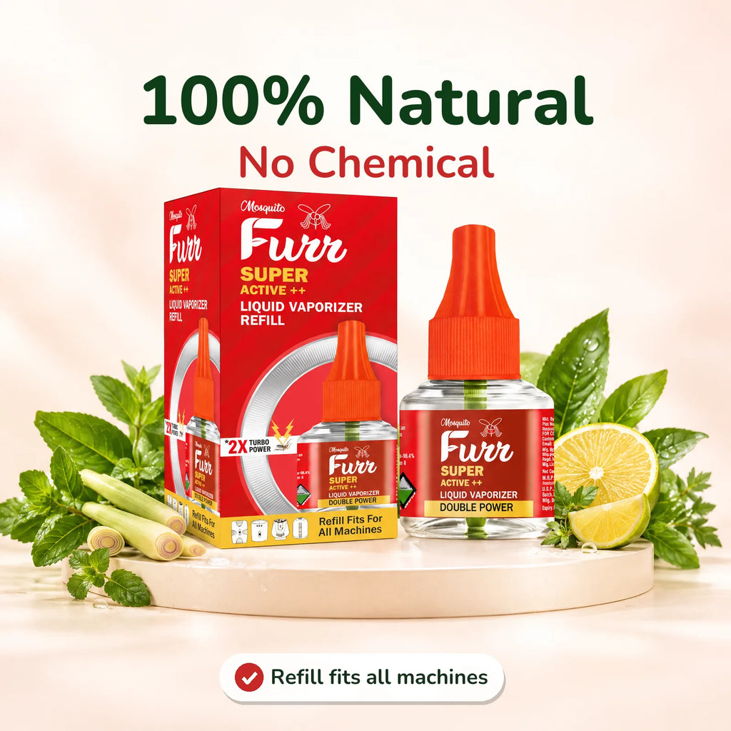 Mosquito Furr Super Active++ refill on a podium with herbs and lemongrass, 100% Natural, No Chemical