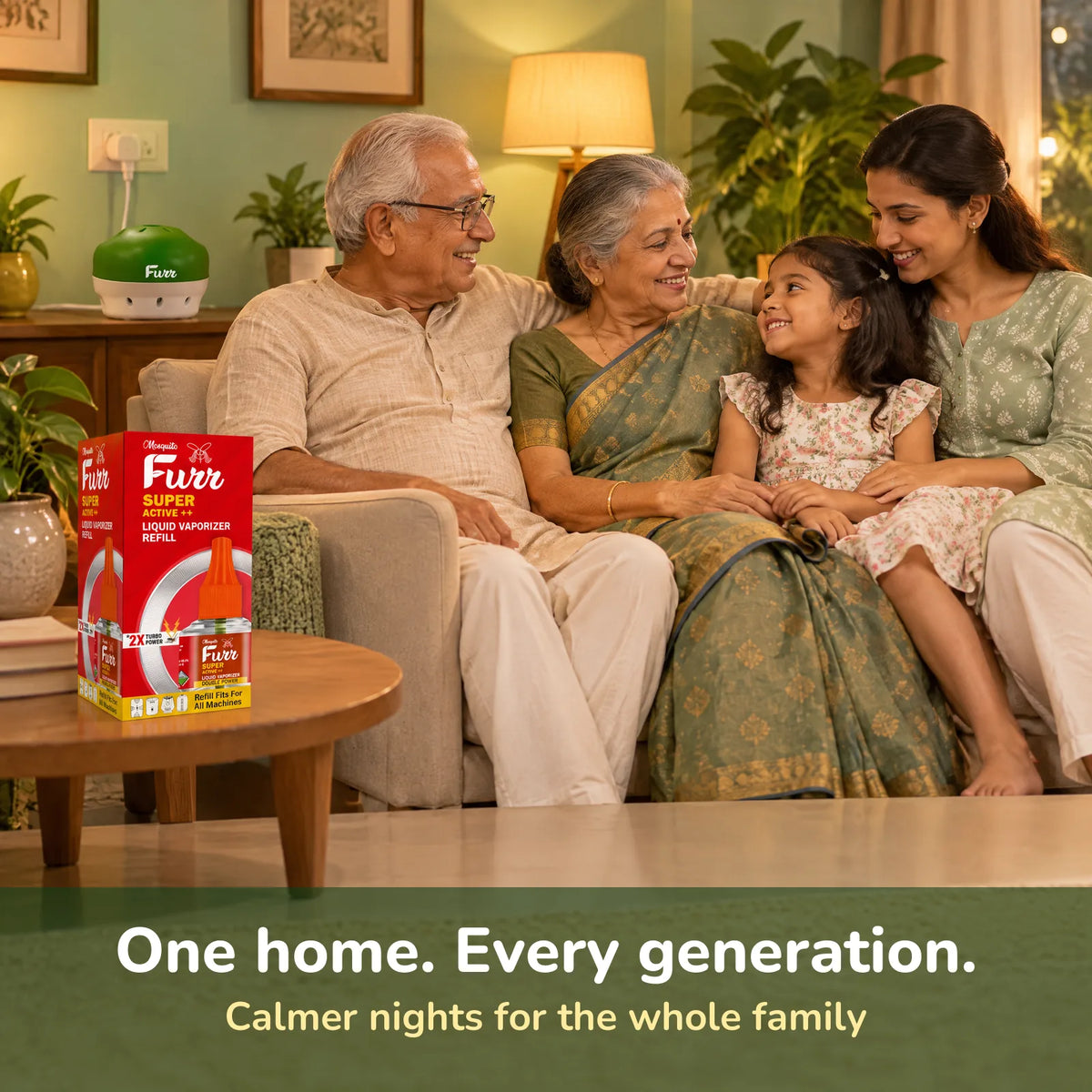 Three generations of an Indian family on a sofa with a Mosquito Furr vaporizer plugged in behind them