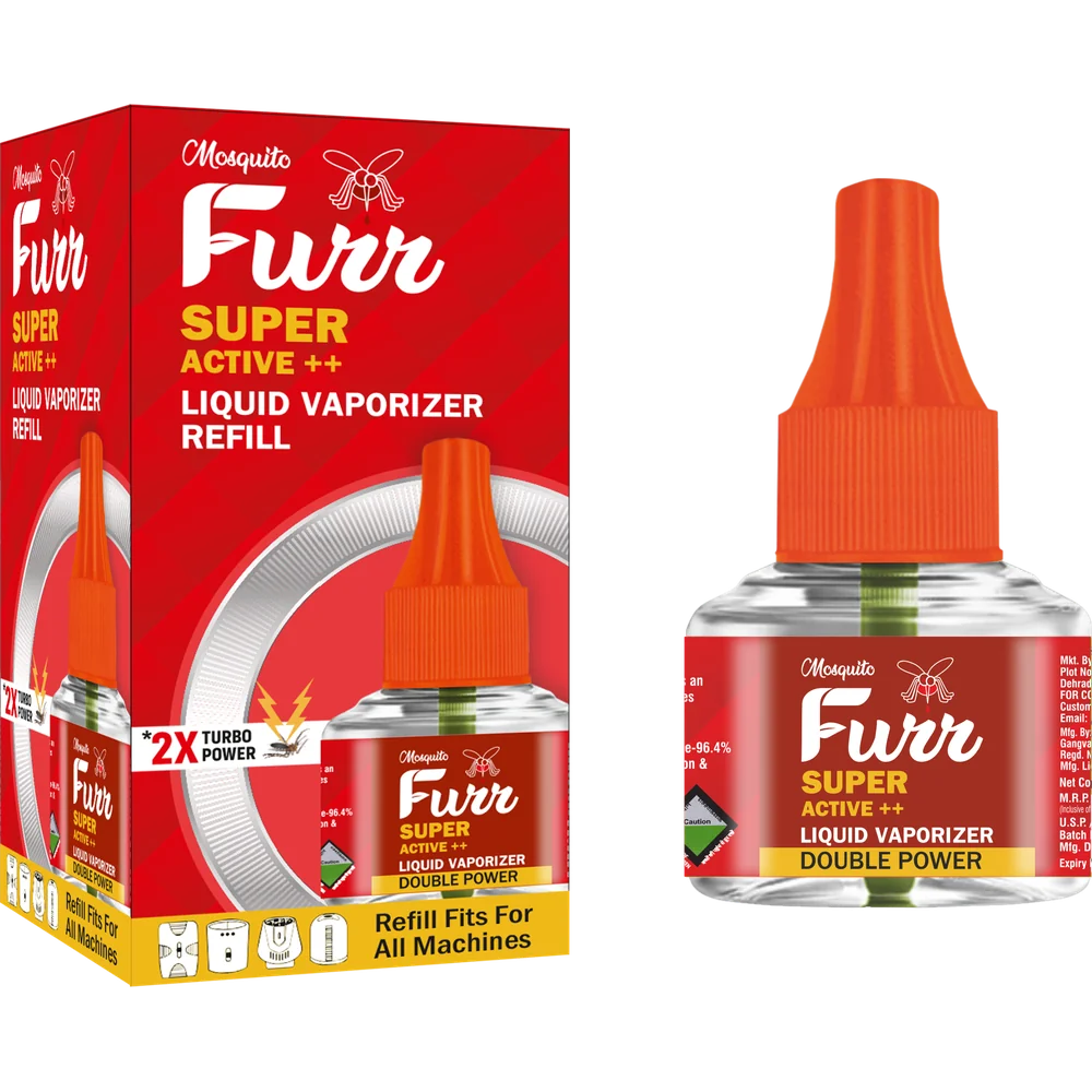 Mosquito Furr Super Active++ liquid vaporizer refill, 45ML, box and bottle